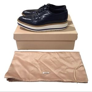 PRADA blue Leather Wingtip Brogue Platform Derby Shoes Size 8.5 / 38.5